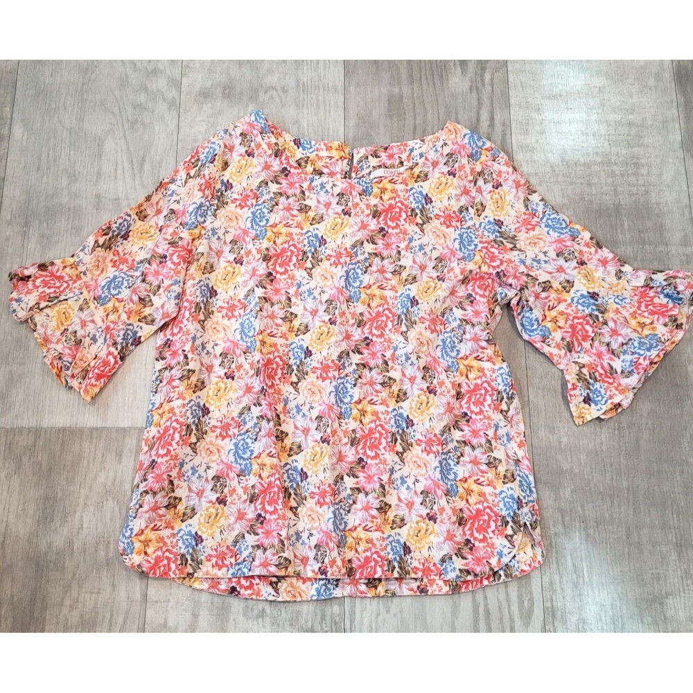 CORFU 100% Linen Boho Floral Top Sz 12 Ruffle Bell Sleeve Colorful Beachy Fairy